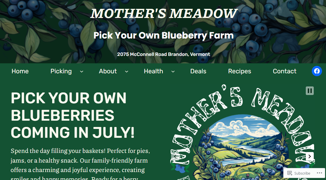 Mother's Meadow blueberry farm WordPress site