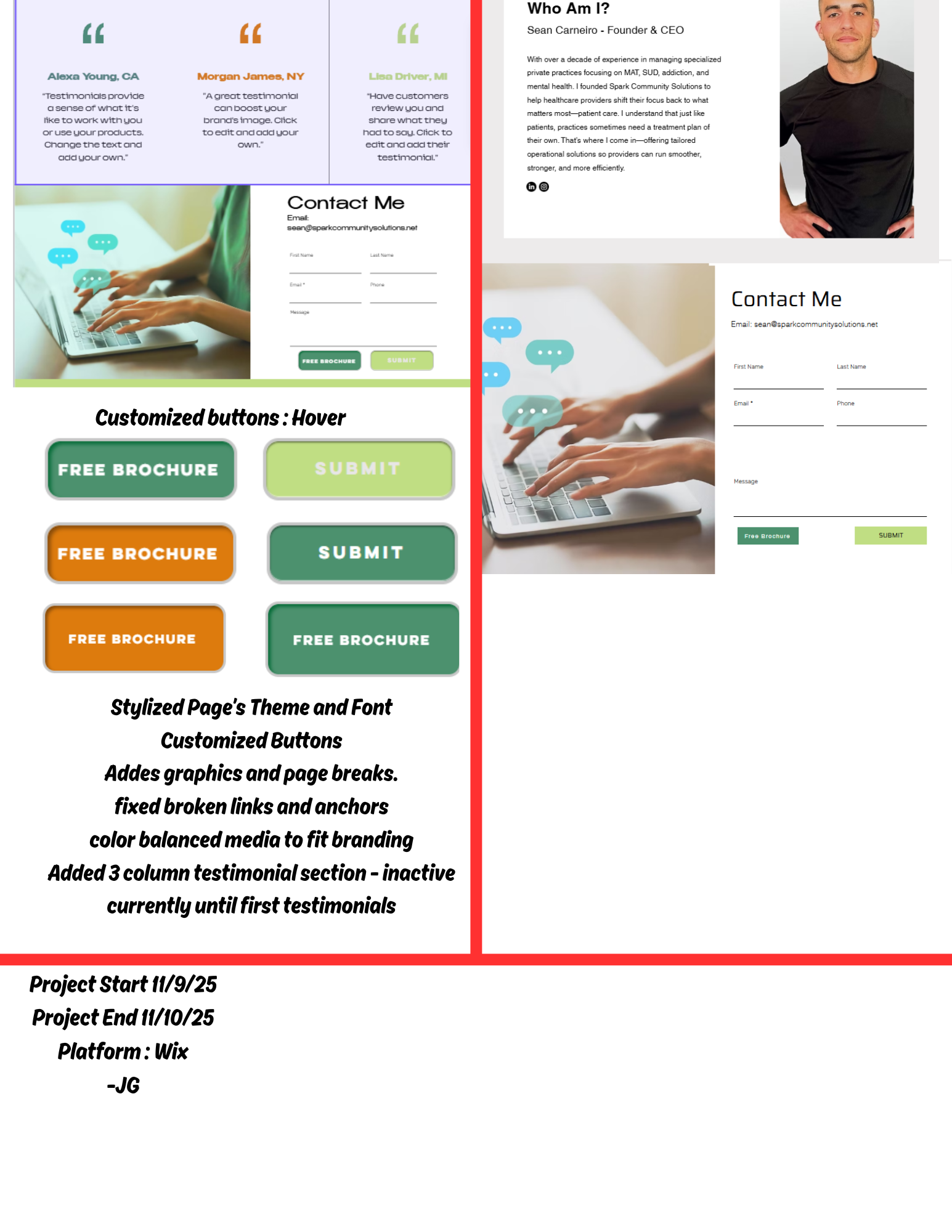 Detailed comparison of redesigned sections, button hovers, and project summary for Spark Community Solutions